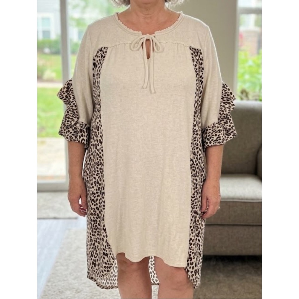 Umgee + Size 2XL Linen Blend Mixed Media Animal Print Boho Shift Dress